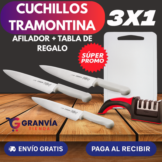 3x1 Cuchillos Tramontina + Afilador y Tabla DE REGALO